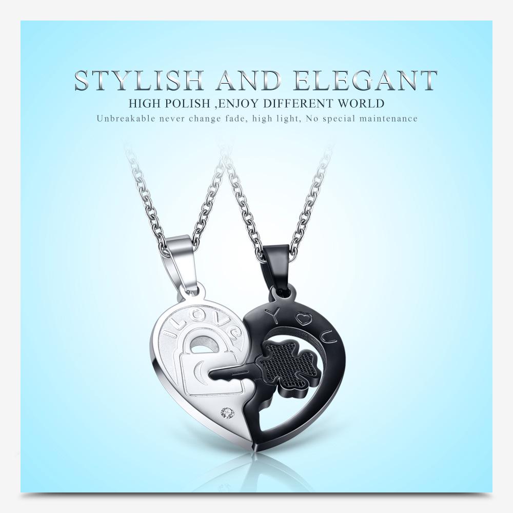 Qixi Valentine's Day Couple Heart Key Patchwork Black & White Matching Necklace