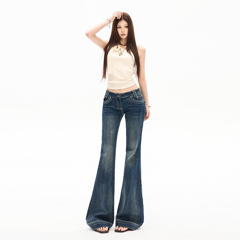 Yi Mengling Retro Washed Women's Micro-Flare Jeans - 2026 Spring Collection, High Elasticity Slim Fit.