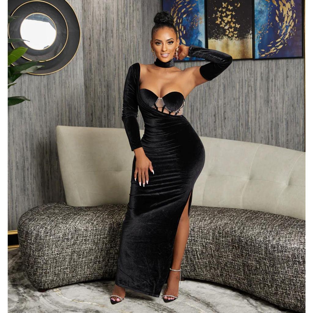 X6652 European & American Fashion Solid Color Women's Bandeau Evening Gown with Gloves