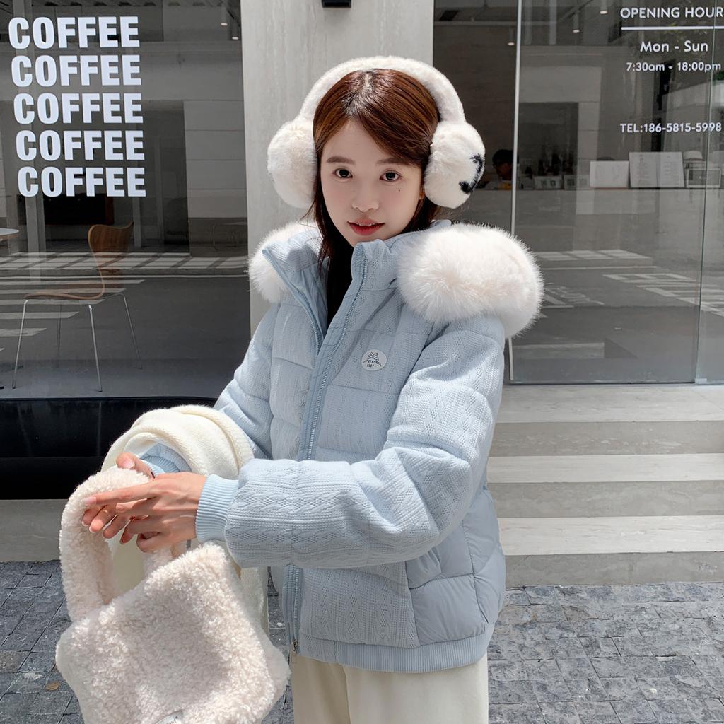 Short Jacquard Cotton Clothes Women's Hooded Big Fur Collar Design Winter Loose Warm Jacket Multi-colored Women's Clothing Spot