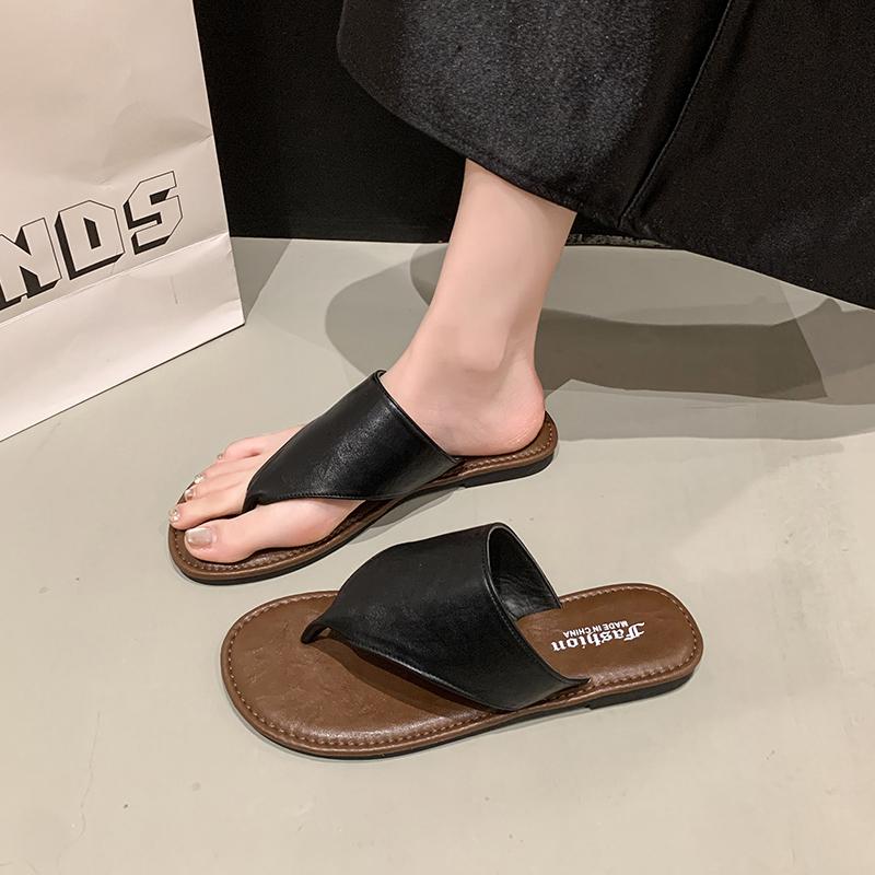 Fashion 2025 New Summer Women Low Rubber Flip Flops Shoes Fabric Rome Hoof Heels PU Low Rubber Flip-Flops Rome Shoes