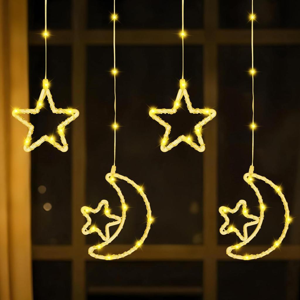 130 Led Ramadan Star Moon Curtain String Lights,8 Modes Ramadan Lights Decorations for Home,Hanging Moon Star Fairy String Lights,Ramadan Window