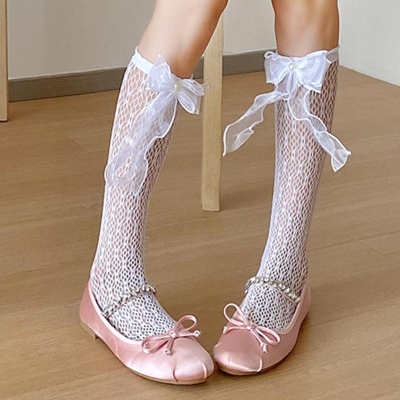 Japanese Style Fishnet Patterned Long Tube Socks for Women Girls Cute Pearl Bowknot Hollowed Out Mesh Over Calf Socks