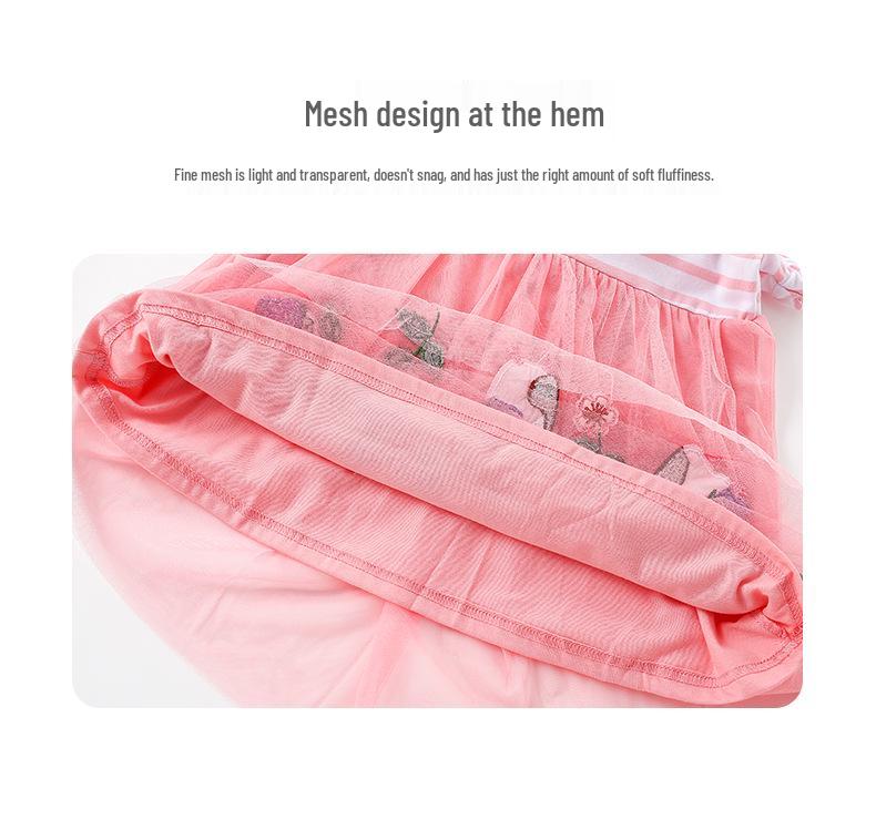 2026 Frühling/Sommer gestreiftes Rüschenärmelkleid für Mädchen mit Tierstickerei und Netzrock