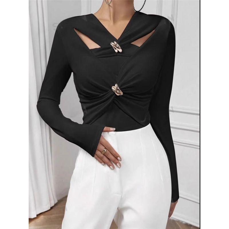 Foreign Trade Order In Home Sexy Gyaru Style Cross Kinked Metal Buckle Open Collarbone Design Long Sleeve Top Tight T-shirt