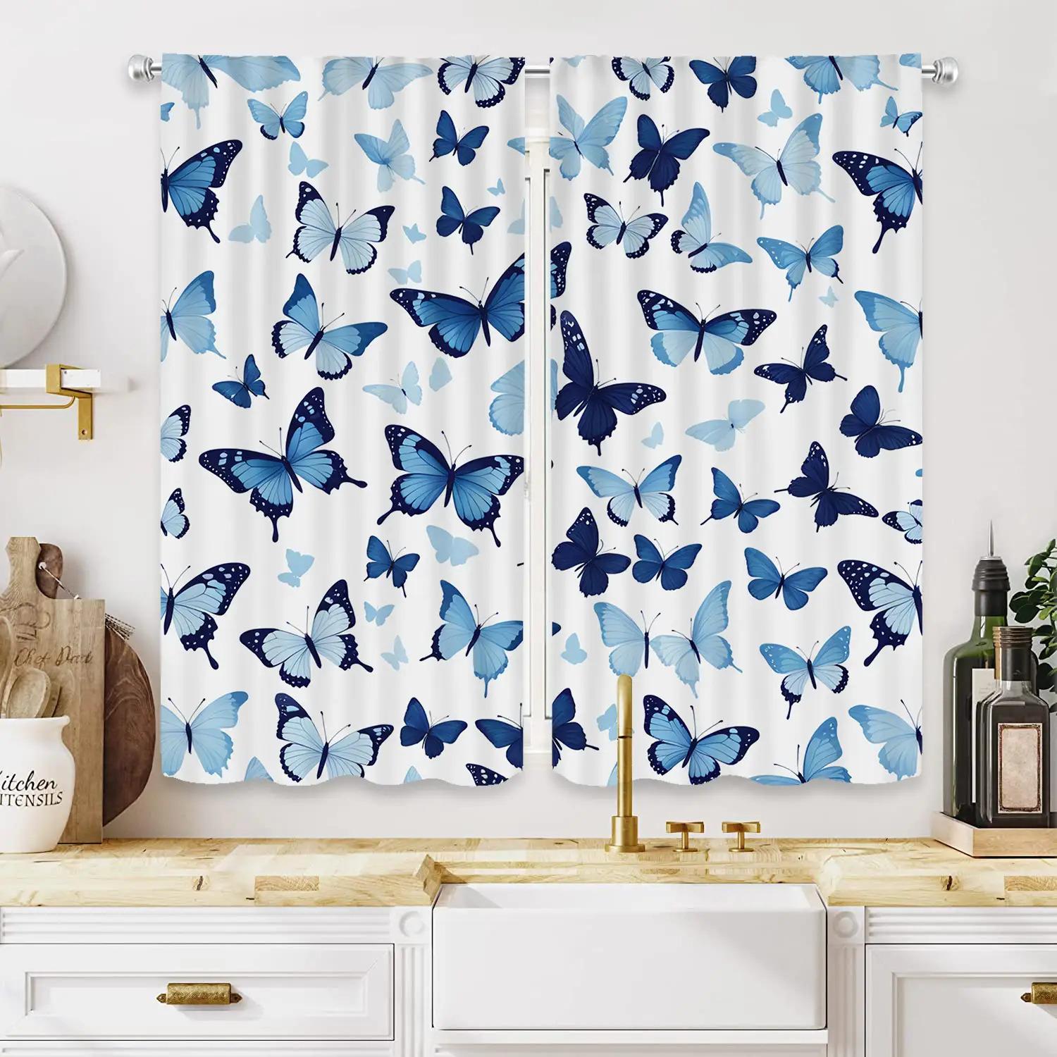 

Artistic Blue Butterfly Print Curtains Polyester Fabric Suitable Bedroom Living Room Decoration Curtain Machine Washable Ideal For W100*H70(CM)-Hooks&2PCS