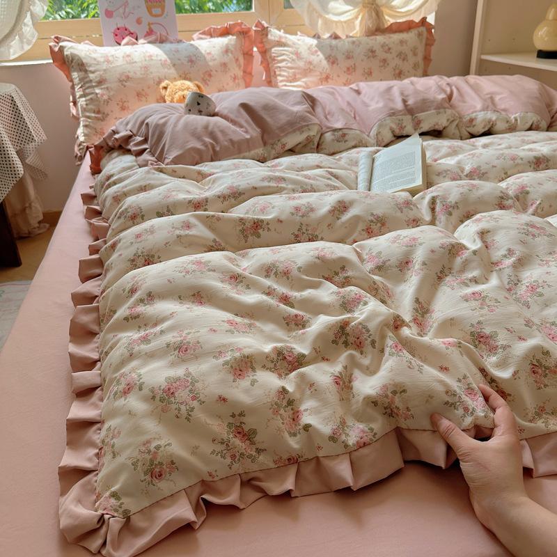 Čtyřdílná sada lůžkovin z dvojité příze, šetrná k pokožce, prodyšná a pohodlná, prané prostěradlo, povlaky na přikrývky, povlaky na polštáře, sady