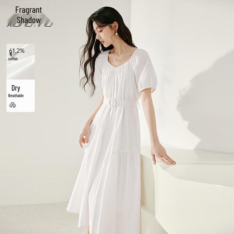 Xiangying Women s White Square Neck Puff Sleeve Dress M