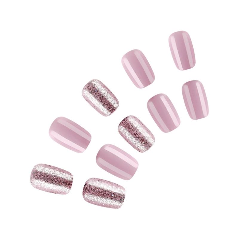 24 Pcs Short Square Press On Nail Purple Acrylic False Nail Glittering Artificial Nail Flowers Stick on Nail for Party