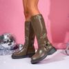 Large Size Side Zipper Western Boots Coarse Heel Medium Boots Knee Boots Brown Boots Women
