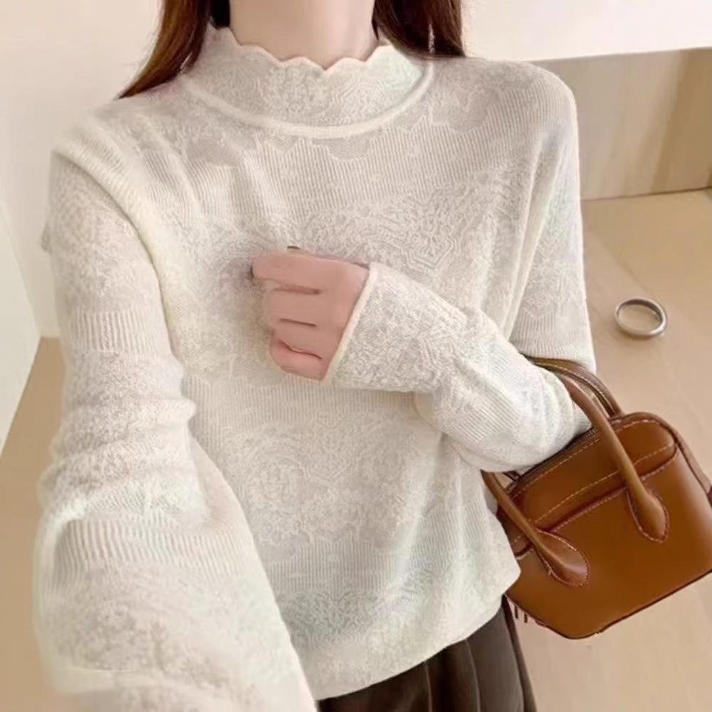 Lace semi-turtleneck knitted bottoming shirt for women's autumn and winter new versatile sweater bottoming jacquard top for women
