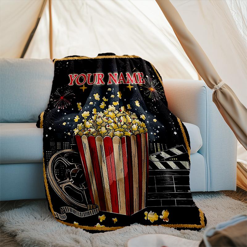 1PC Custom Name Movie Night Popcorn Party Outdooor Flannel Blankets Patterns Throw Blanket All-Season Soft Gift for Couch, Bed, Camping Gifts