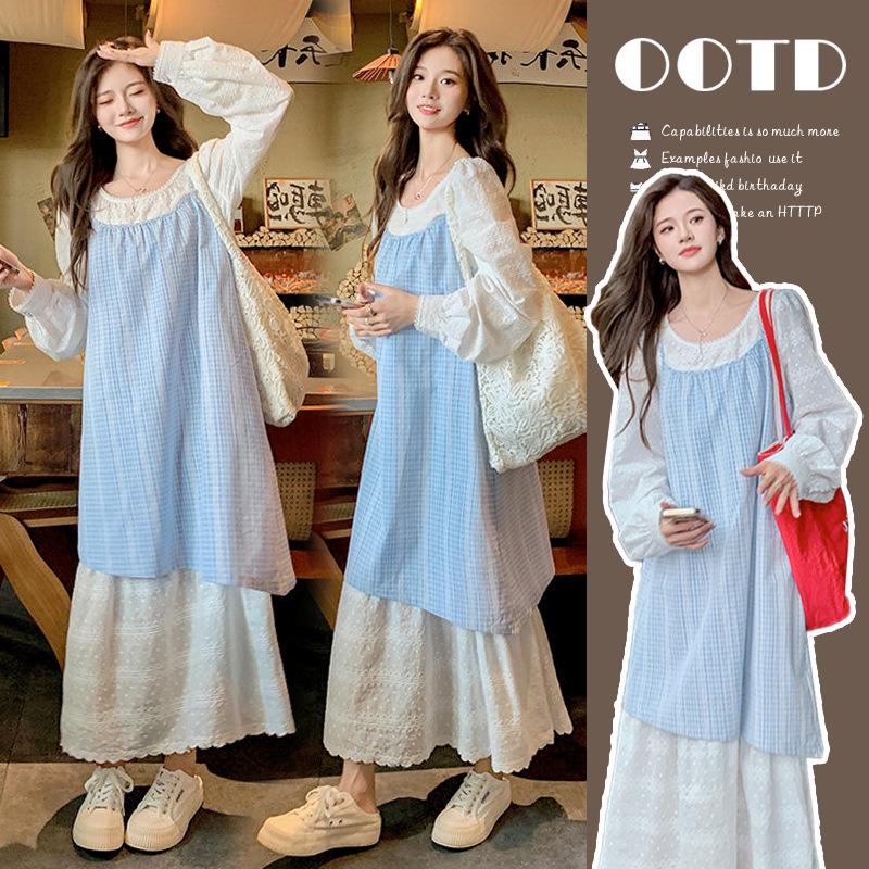 Spring 2026 Elegant Blue Plaid Maternity Dress with Long Sleeves L