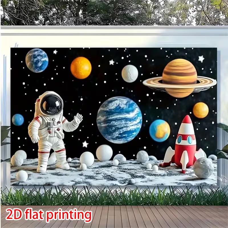 2D Outer Space Planets Astronaut Backdrop, Galaxy Theme Kids Birthday Party Photo Booth Banner