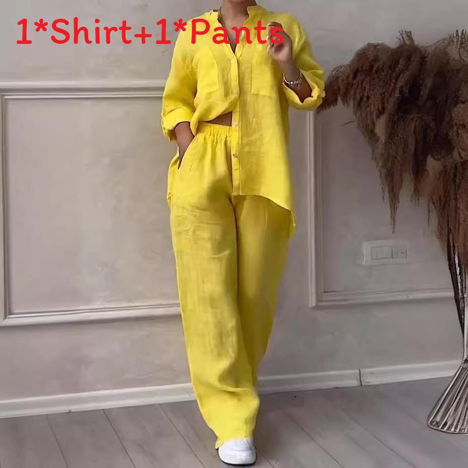 Casual Cotton Linen Shirt And Drawstring Wide Leg Pants Set For Women Spring