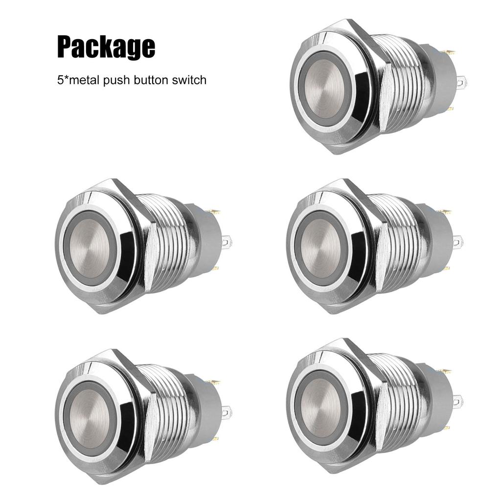 5pcs 19mm Momentary Push Button Power Switch Stainless Steel with Blue LED