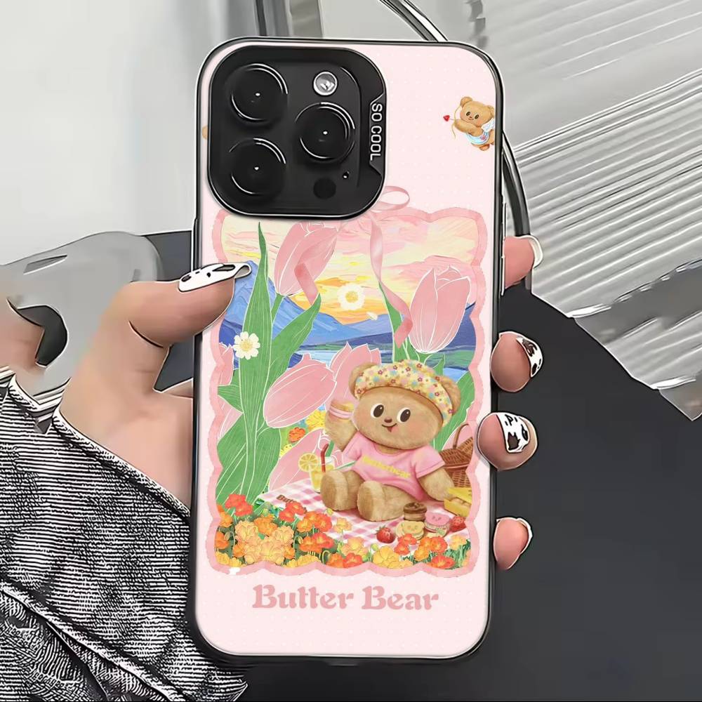 

Cute Cartoon B-Butterbear Phone Case For iPhone 17,16,15,14,13,12,11 Plus,Pro Max,XS,Colored Silver Plated Inside Cover iPhone16ProMax
