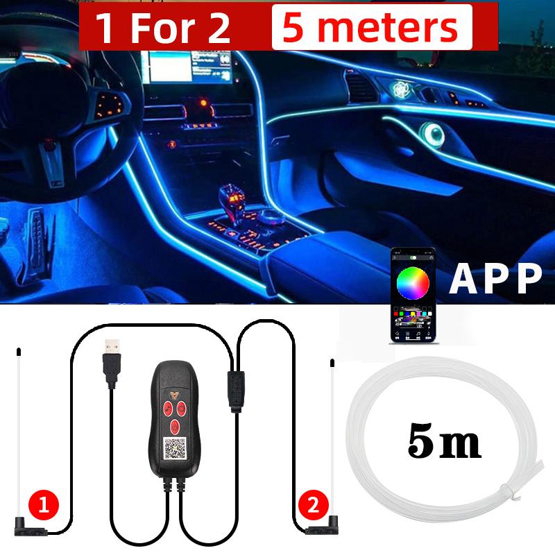USB Car Interior Lights 64 Colors Optical Fiber Strips Multiple Modes APP Music Control RGB Decorative Ambient Lamp Neon