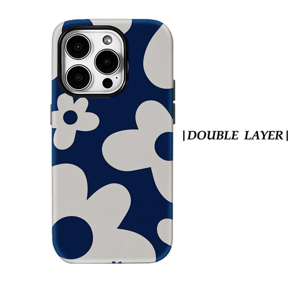 Navy Flower Phone Case for IPhone 17AIR 16E 16 15 14 13 12 11 17 Pro Max Plus Double-layer Back Cover