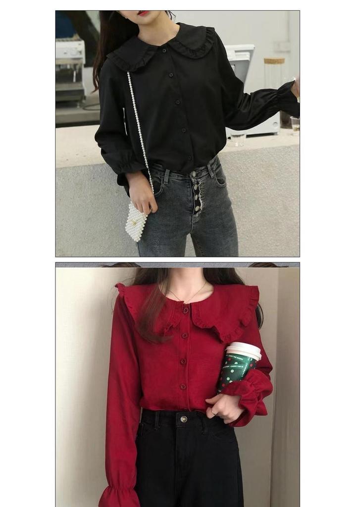 Women's Trendy White Shirt: College-Style Doll Collar, Long Sleeve, Loose Fit for Autumn/Spring