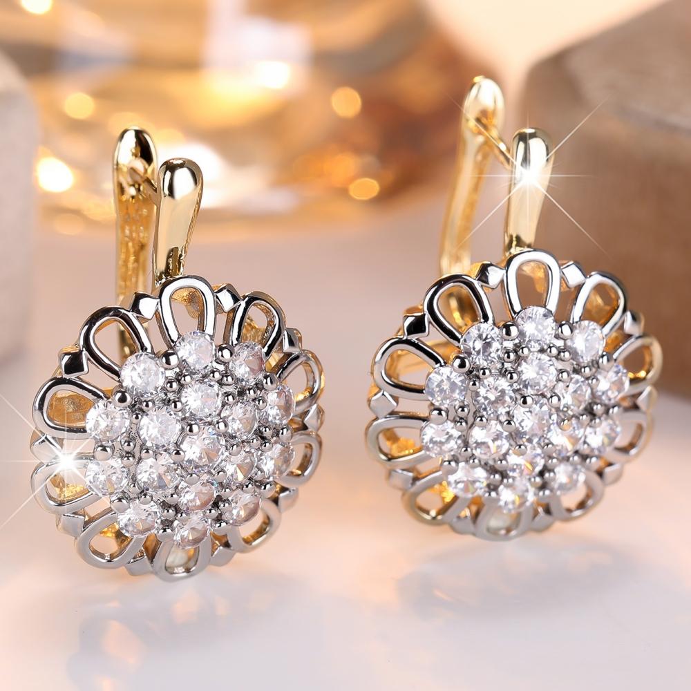 Vintage White Zircon Hollowed-out Sunflower Earrings for Women Gold Color Luxury Fashion Party Jewelry