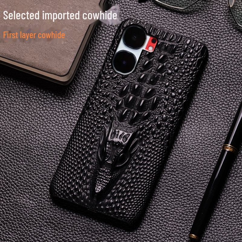 High-end Cowhide Dragon Head Pattern Half-cover Leather Case for iQOO Neo9 and Neo9Pro. Ideal for Protective Needs.
