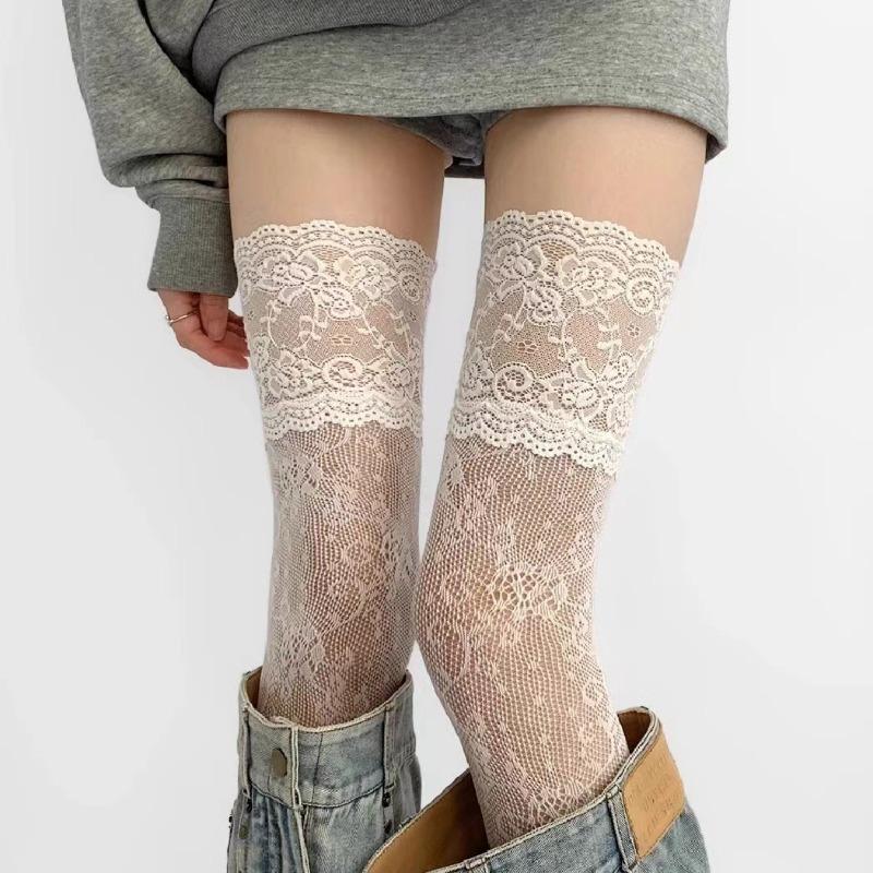 Y2K New Women Flower Lace Fishnet Thigh High Stockings Japanese Style Jk Girl Sweet Lace Trim Frilly Over Knee Long Socks