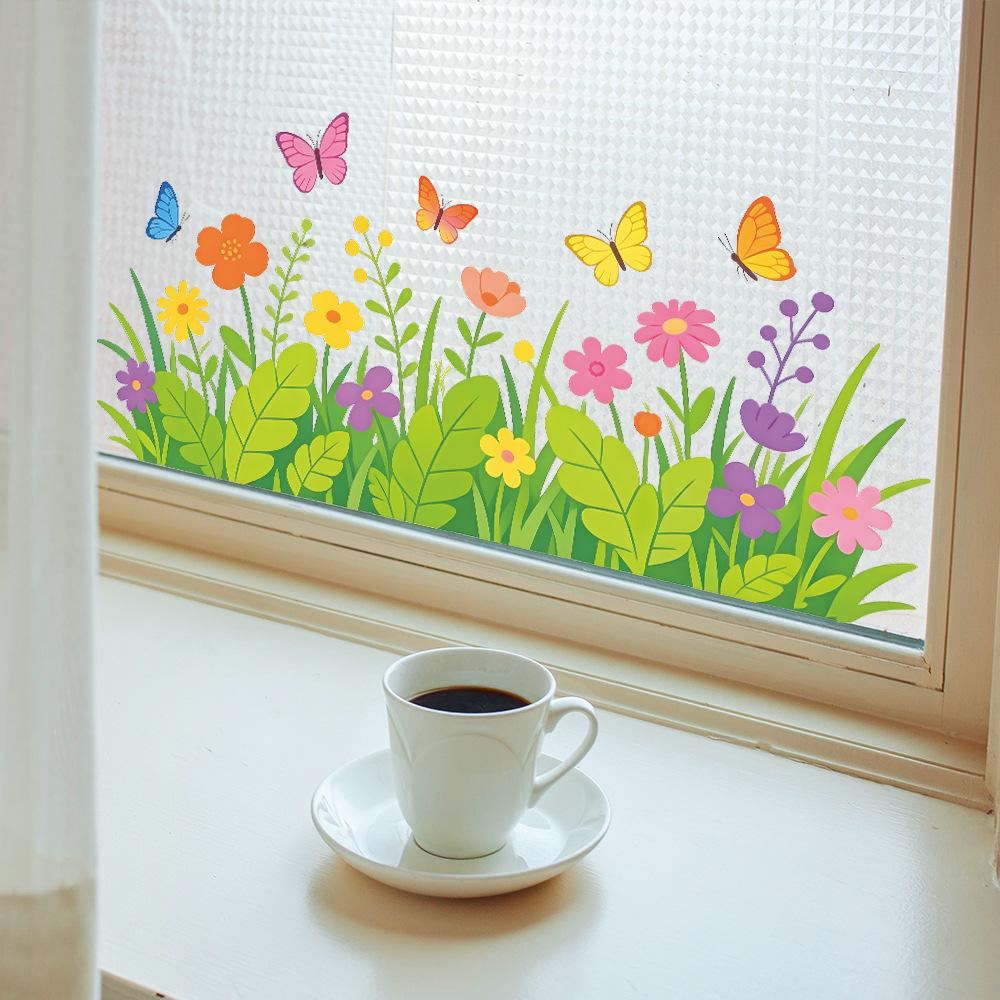 Simple and Fresh Grass, Flowers, Butterflies. Outdoor Balcony. Glass Windows. Window Stickers for Beautification.