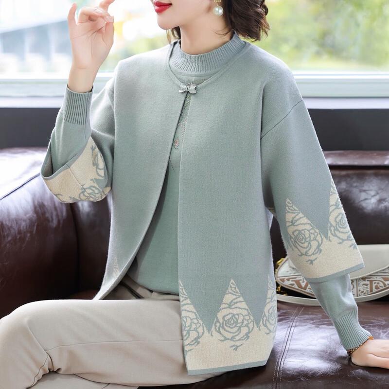 

Women s Semi-High Collar Knit Top & Cardigan Set L