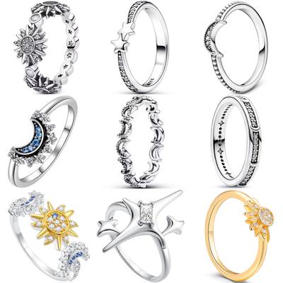 Anillo de Plata 925 para Mujer Patrón de Estrella Luna Galaxia Joyería de Moda Romántico Regalo de San Valentín Fiesta de Compromiso Regalo de Moda