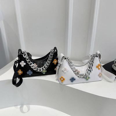 New Crocodile Pattern French Toast Bag Fashion Flower Embroidery Chain Shoulder Bag Women's Shoulder Cross-Body Bag AVE