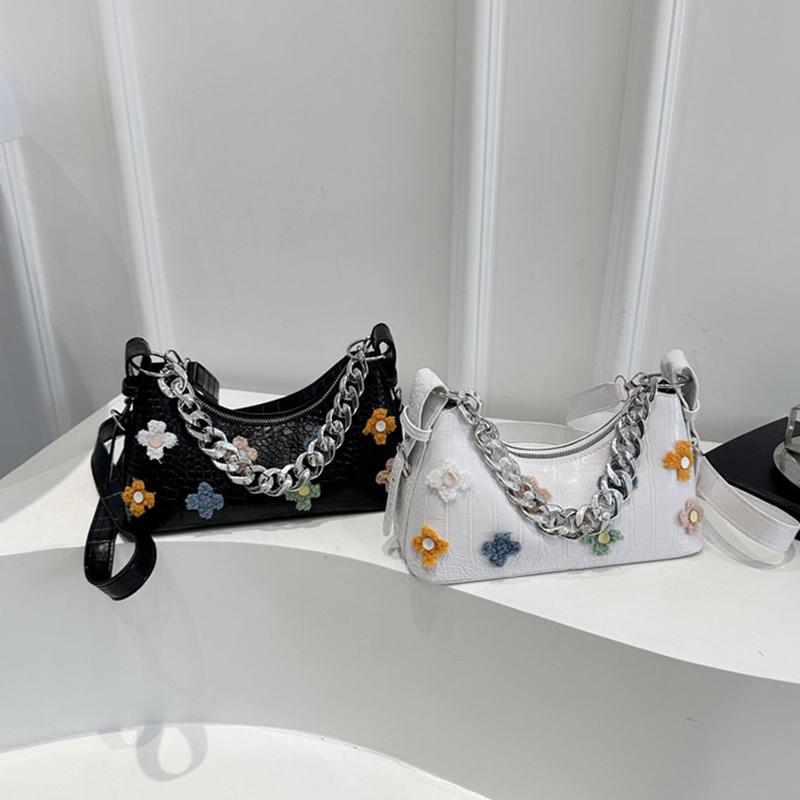 New Crocodile Pattern French Toast Bag Fashion Flower Embroidery Chain Shoulder Bag Women's Shoulder Cross-Body Bag AVE