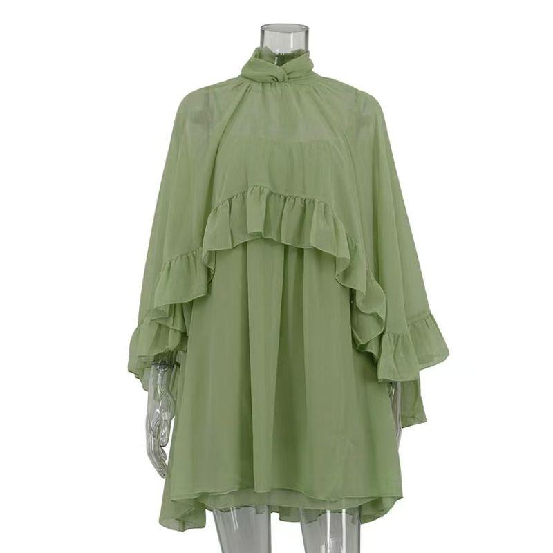 

New French style Sunscreen See-through Cover up Top Suspender Skirt Two-piece Set Strap Skirt and Top Set Green S
