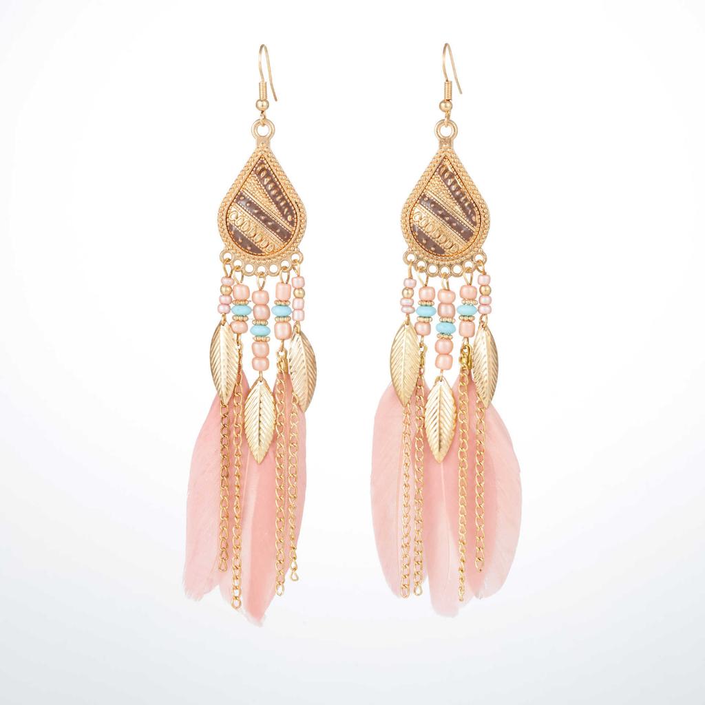 Vintage Bohemian Feather Tassel Earrings Exaggerated Ethnic Vacation Dangle Ear Jewelry Fashion Accessories For Women