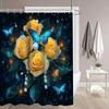 4Pcs Golden Roses And Butterflies Shower Curtain Set with Non-Slip Bath Mat, Toilet Lid Cover, Contour Rug & 12 Hooks, Bathroom Decor