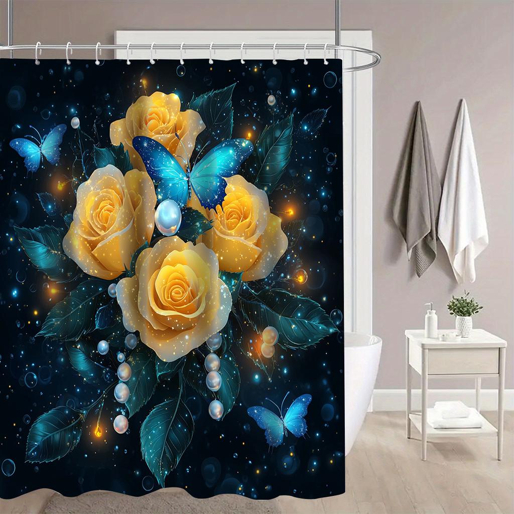 4Pcs Golden Roses And Butterflies Shower Curtain Set with Non-Slip Bath Mat, Toilet Lid Cover, Contour Rug & 12 Hooks, Bathroom Decor