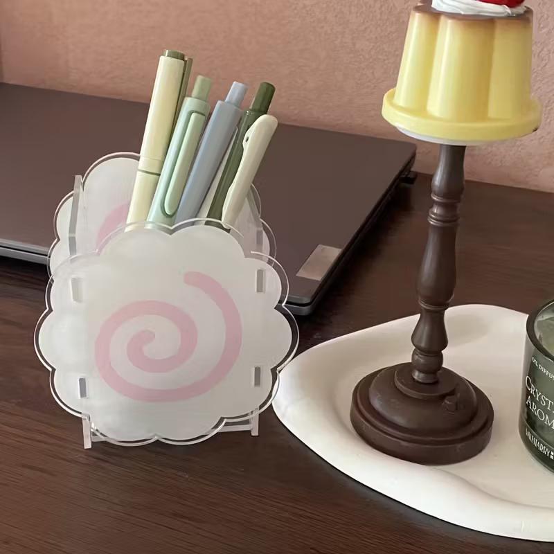 Acrylic Fish Cake Pen Holder Cute Cloud-Shaped Pen Holder Large-Capacity Desktop Stationery Pen Storage Box Spiral Design
