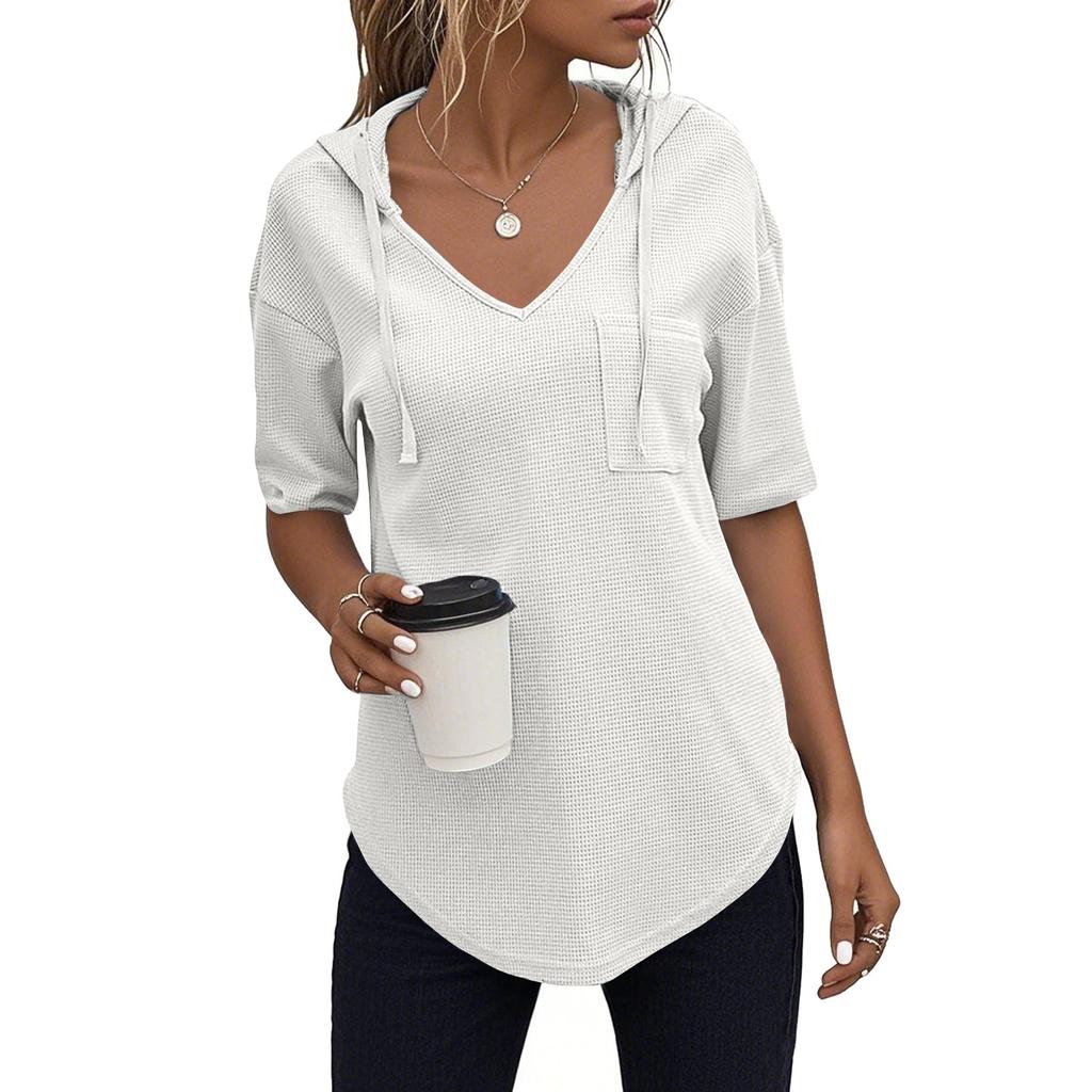 Women's Fashion Summer V-Neck T Shirt Drawstring Hooded Solid Color Short Sleeve Top