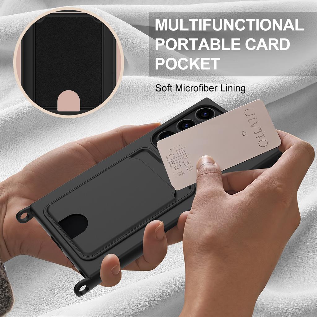 For Samsung Galaxy S23 Ultra Liquid Silicone Case Phone Back Cover with Card Holder and Short Strap