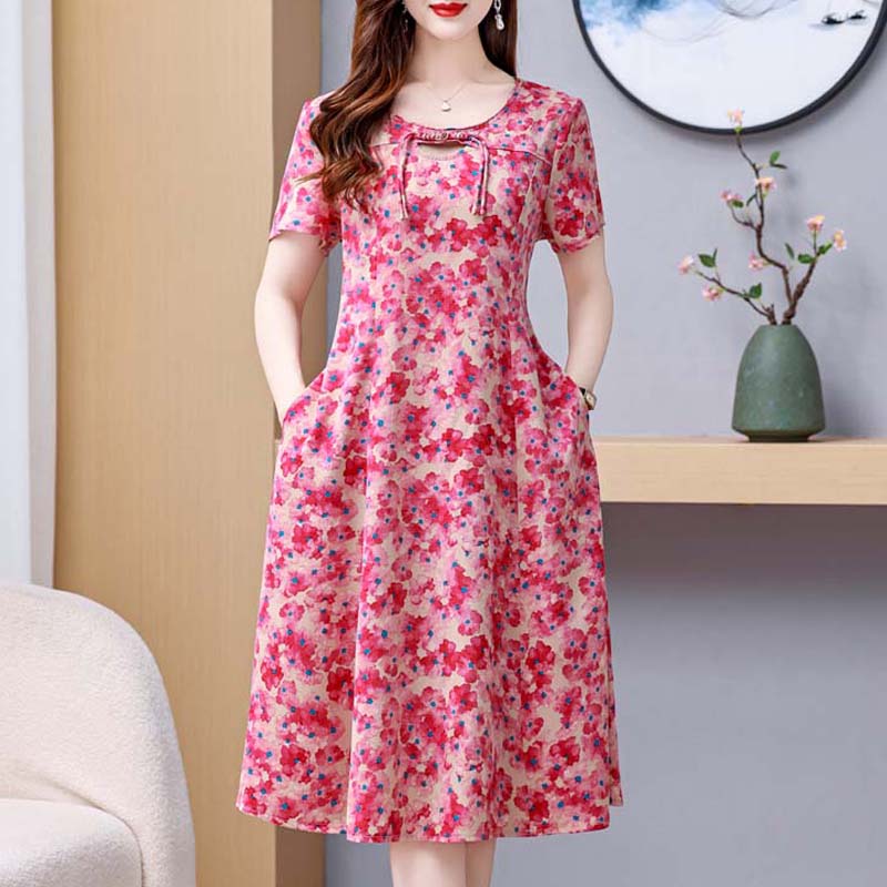 

Элегантное шифоновое платье для женщин, большие размеры, повседневные тонкие длинные платья с короткими рукавами, женская винтажная летняя одежда с принтом 5XL