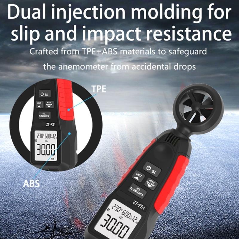 Handheld Anemometer Measuring Speed Wind Volumes Force Temperature Moisture Large LCD Backlight Display for Outdoor