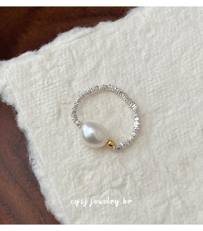 Cui Yan S925 Sterling Silver Natural Pearl Korean Style Color Block Elastic Ring for Women