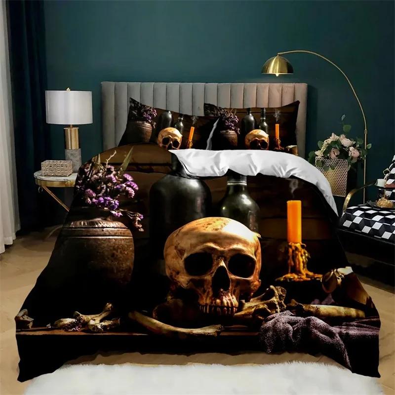 Skul Soft Duvet Cover Set Horible Skeleton Beding Set Bedclothes Halowen Gothic Hor Polyester Comfortable Quilt Cover Double Quen King