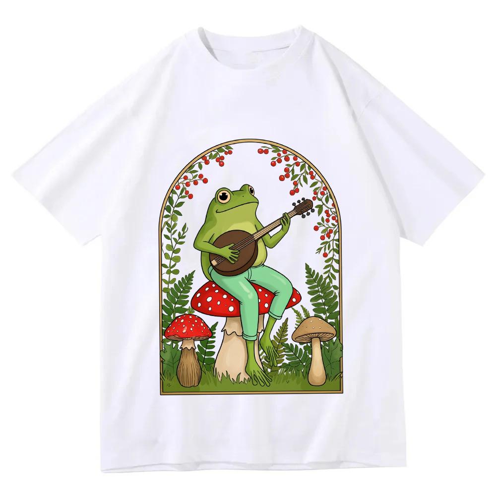 

Funny Frog On Mushroom T Shirt Banjo Playing Animal Graphic Tee Retro Aesthetic Harajuku Streetwear Top Casual Unisex Summer Tee S