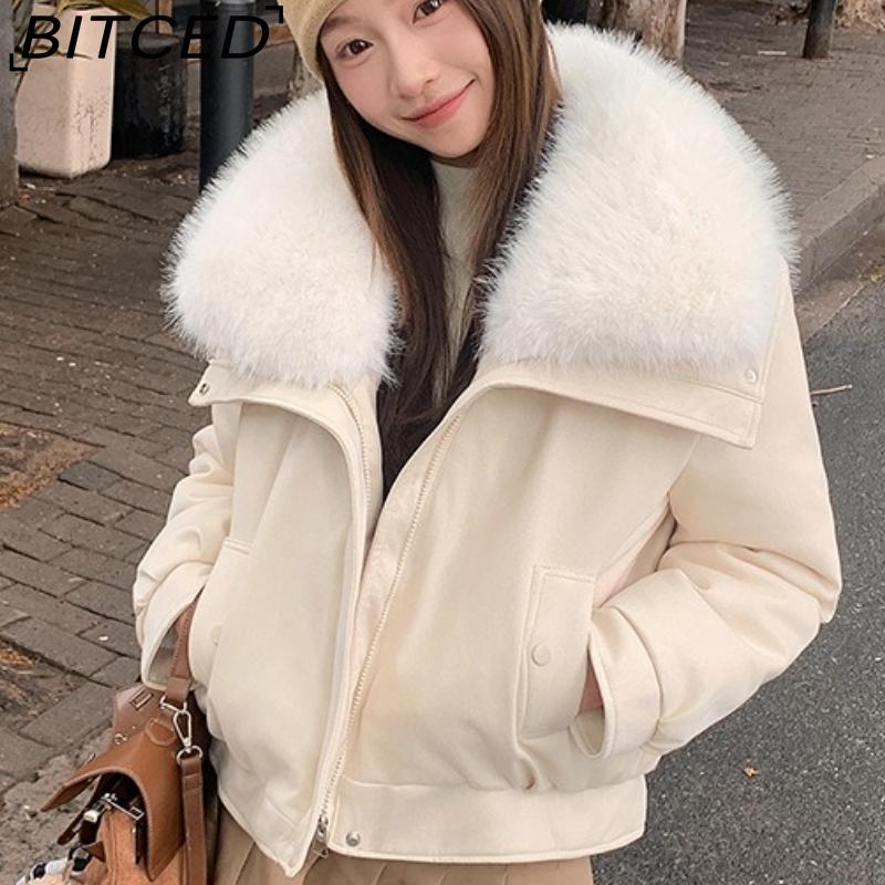 BITCED Women's Short Down Jacket with Oversized Fur Collar Winter Stylish Quilted Coat Thickened Outerwear American Style