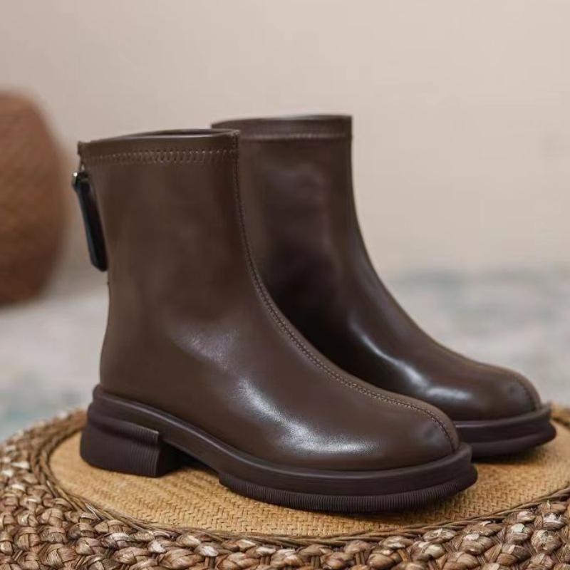 Bottes pour femmes 2025 HotSale Style français Fermeture éclair Bottes élastiques Vintage Automne Bout rond Tige courte Talons épais Chaussures Botas Mujer