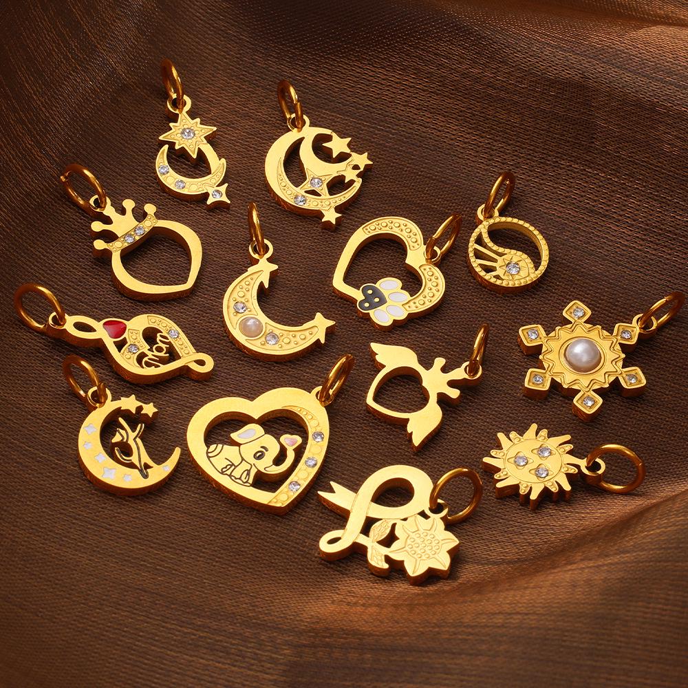 18K Gold-Plated Stainless Steel Moon Heart Diamond Pendant for DIY Jewelry