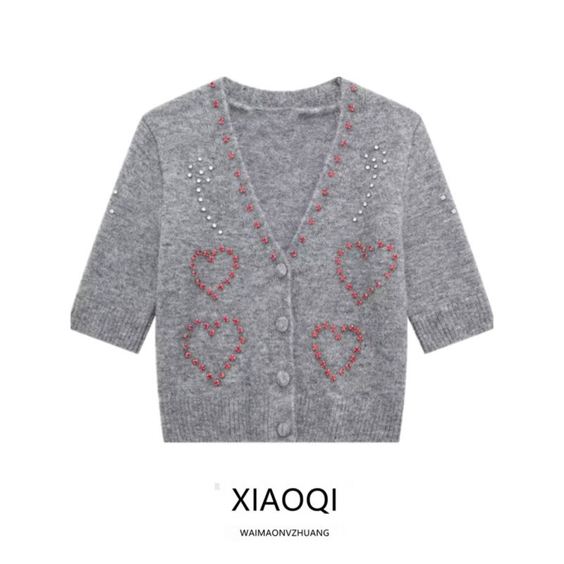 Fashion Style 2024 Spring New Arrival Women's Clothing Easiest for Match Jewelry Decoration Short Sleeve Knitting Cardigan 4331003
