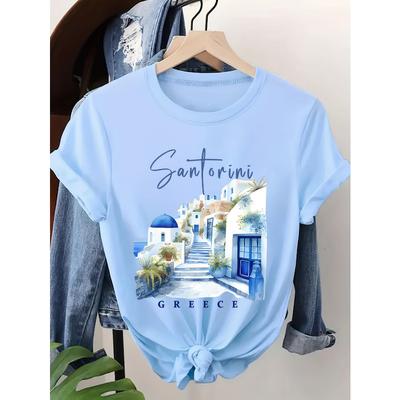 Dámské tričko Santorini s řeckým vzorem - Krátký rukáv, kulatý výstřih, ležérní top s designem modrého dómu a zeleně
