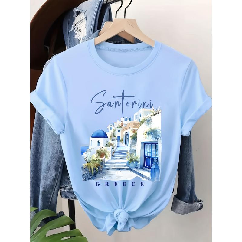 Ladies  Santorini Greek Pattern Printed T-shirt - Short Sleeve Round Neck Casual Top with Blue Dome and Greenery Design S